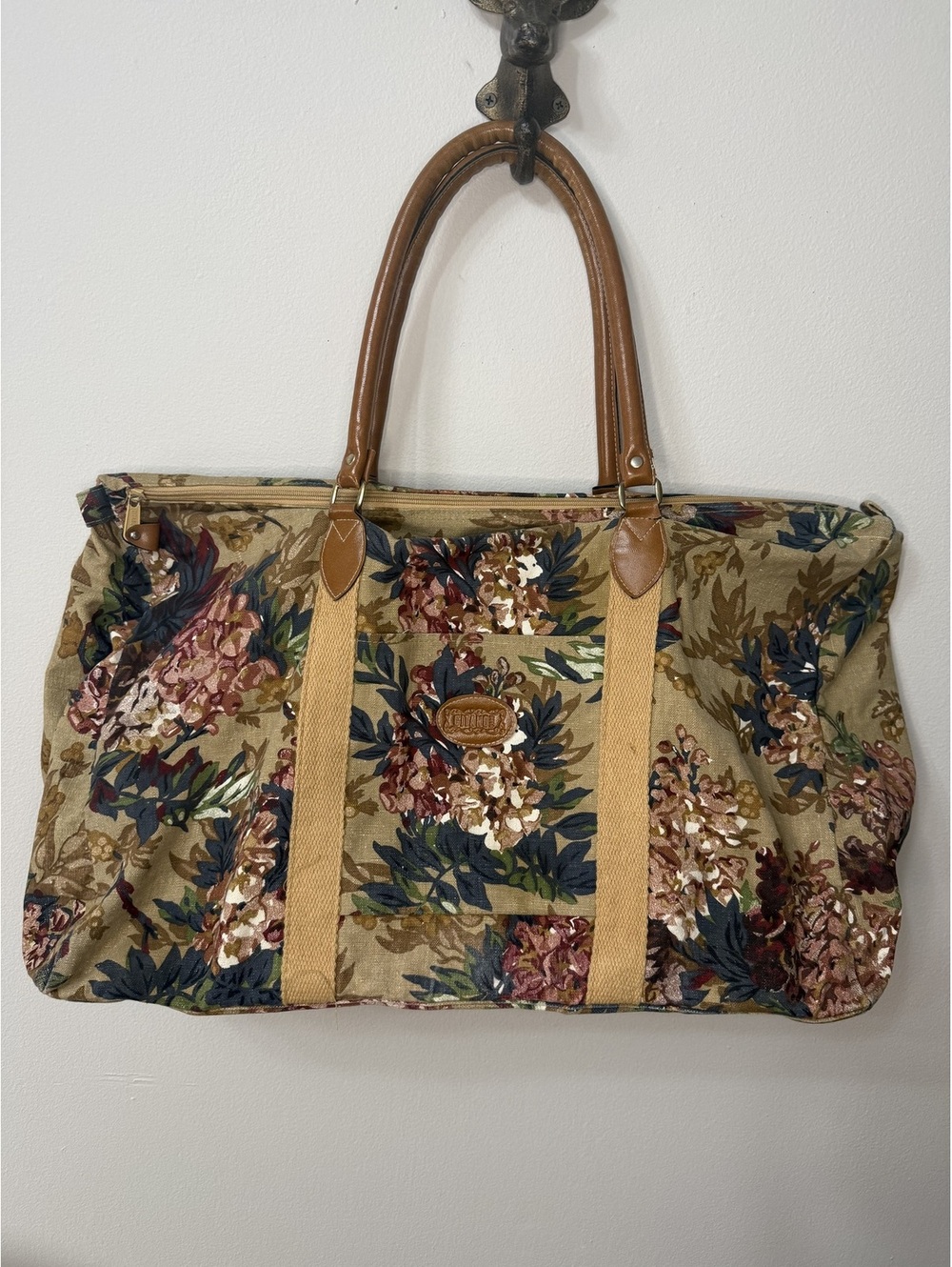 Vintage Gitano Floral Canvas Weekender Duffel Travel Bag Tan Handles Overnight